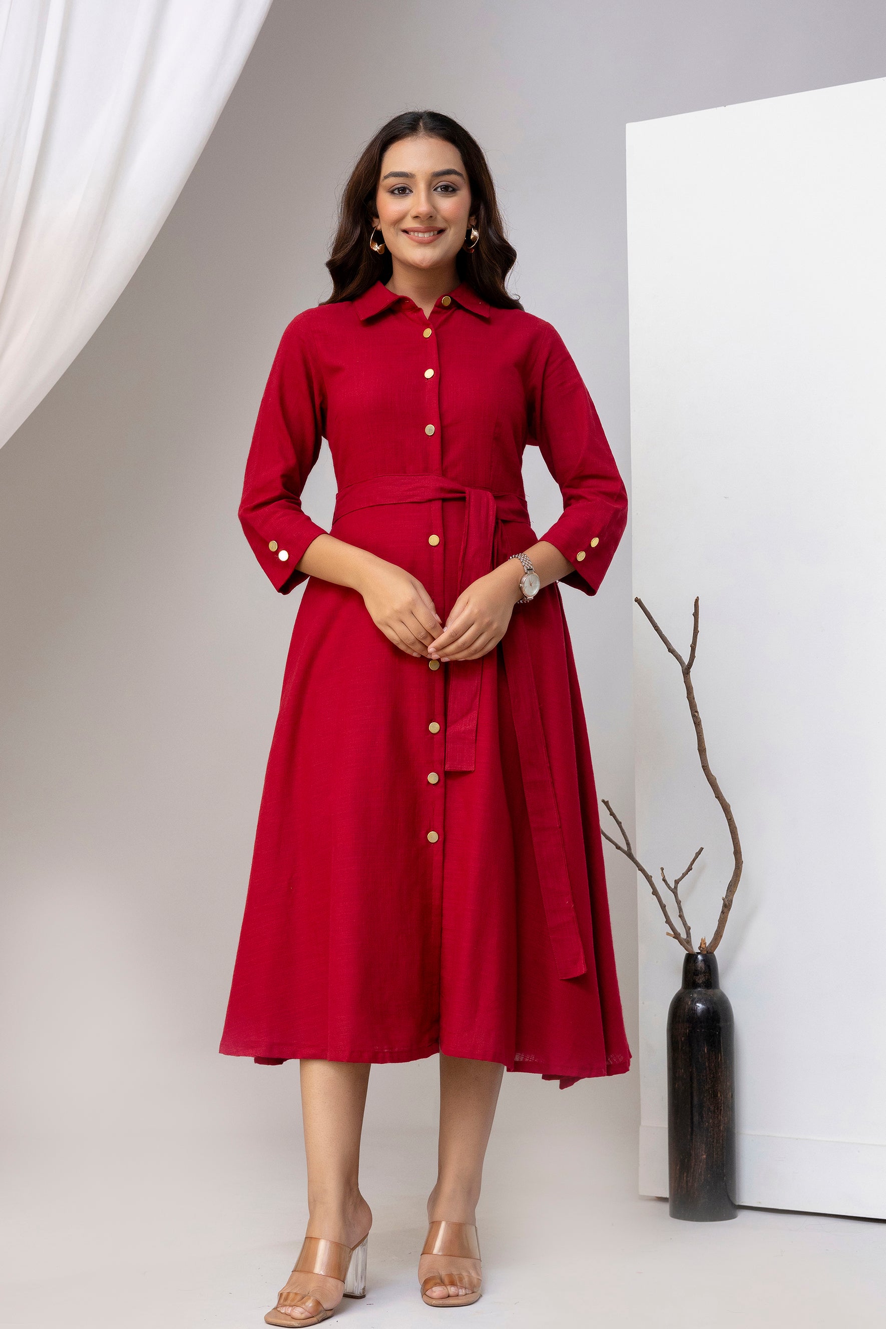 knee length dresses for ladies Anytime Burgundy Dress | Womens A-Line Midi Linen Dress main image 0