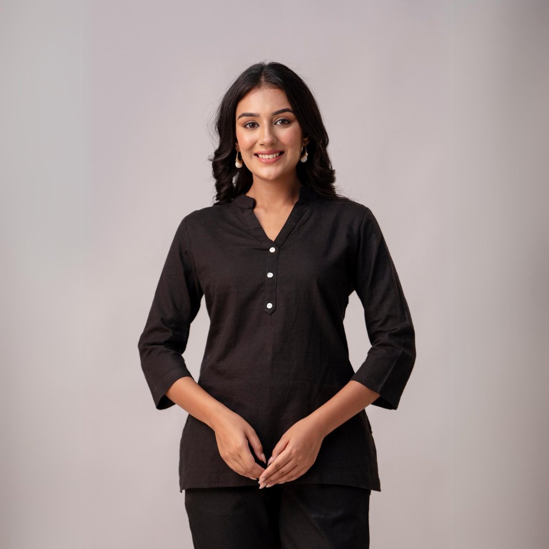 Women Stylish Black Cotton Short Kurti With Elegant Work