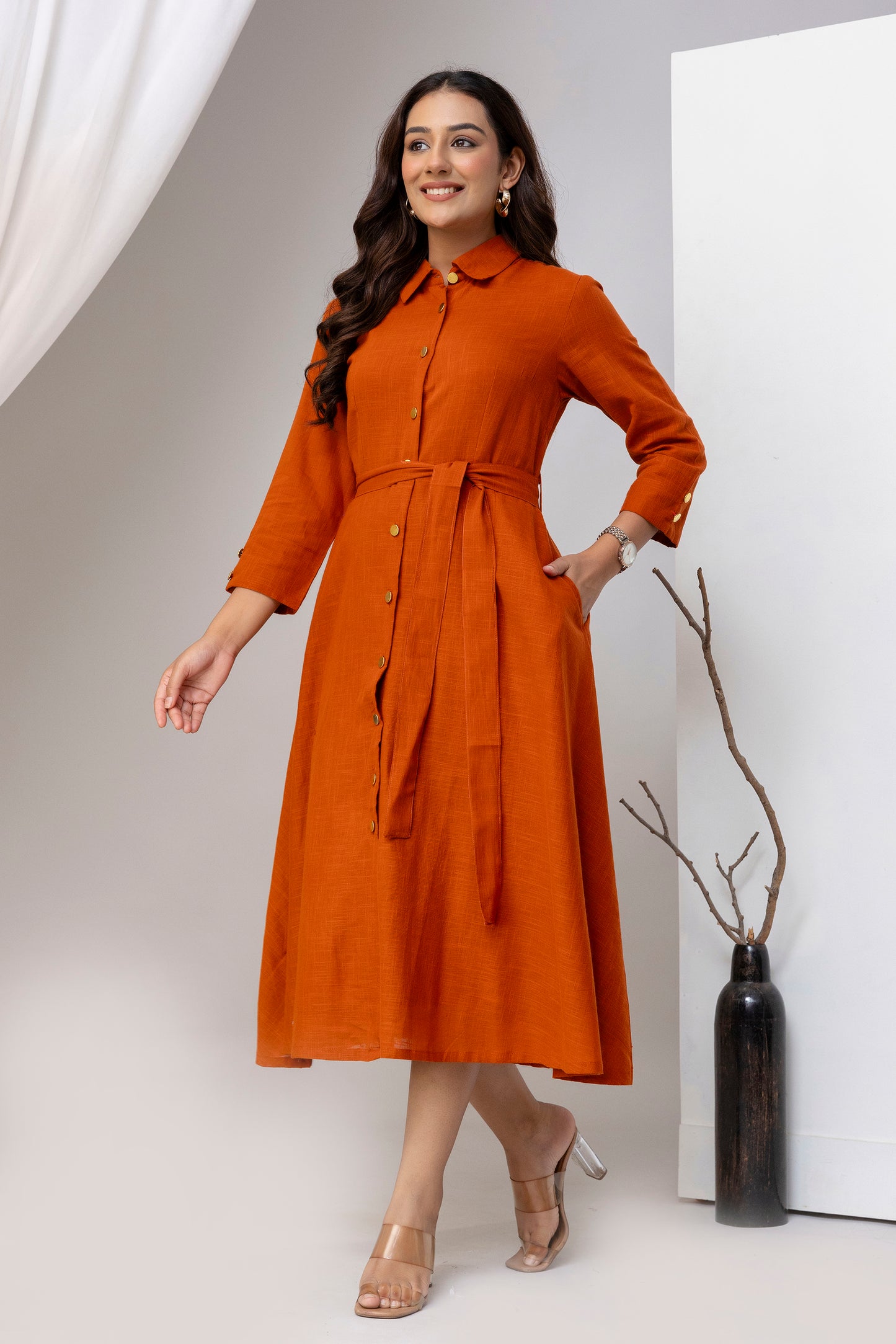 Rust Orange Airy Linen Dress