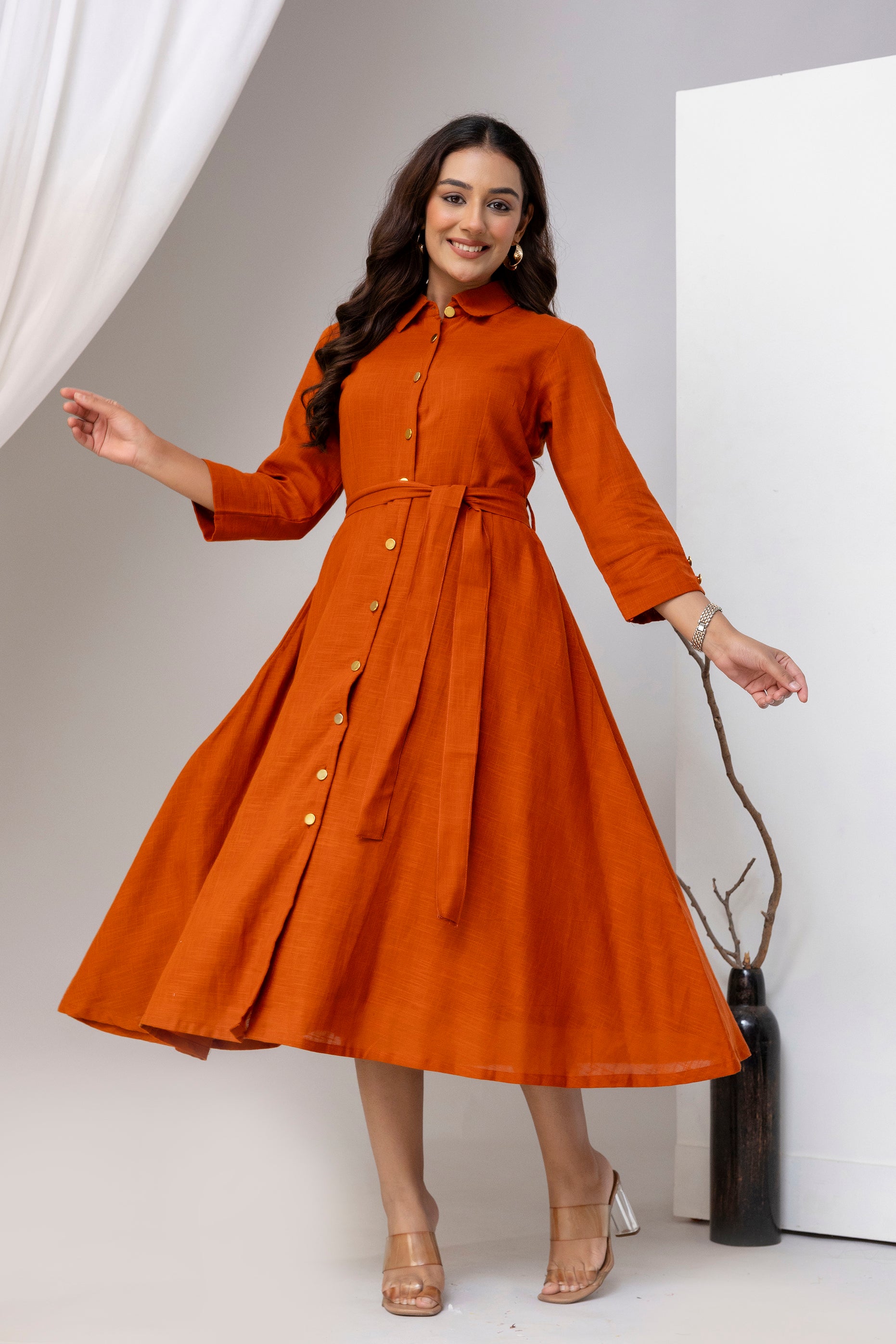 Rust Orange Airy Linen Dress