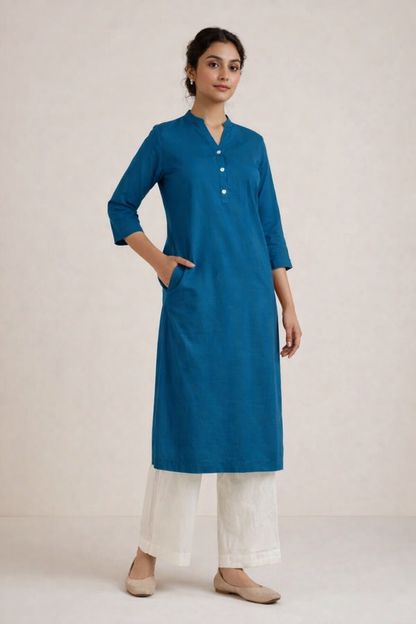 Turquoise Blue Linen Long Kurta