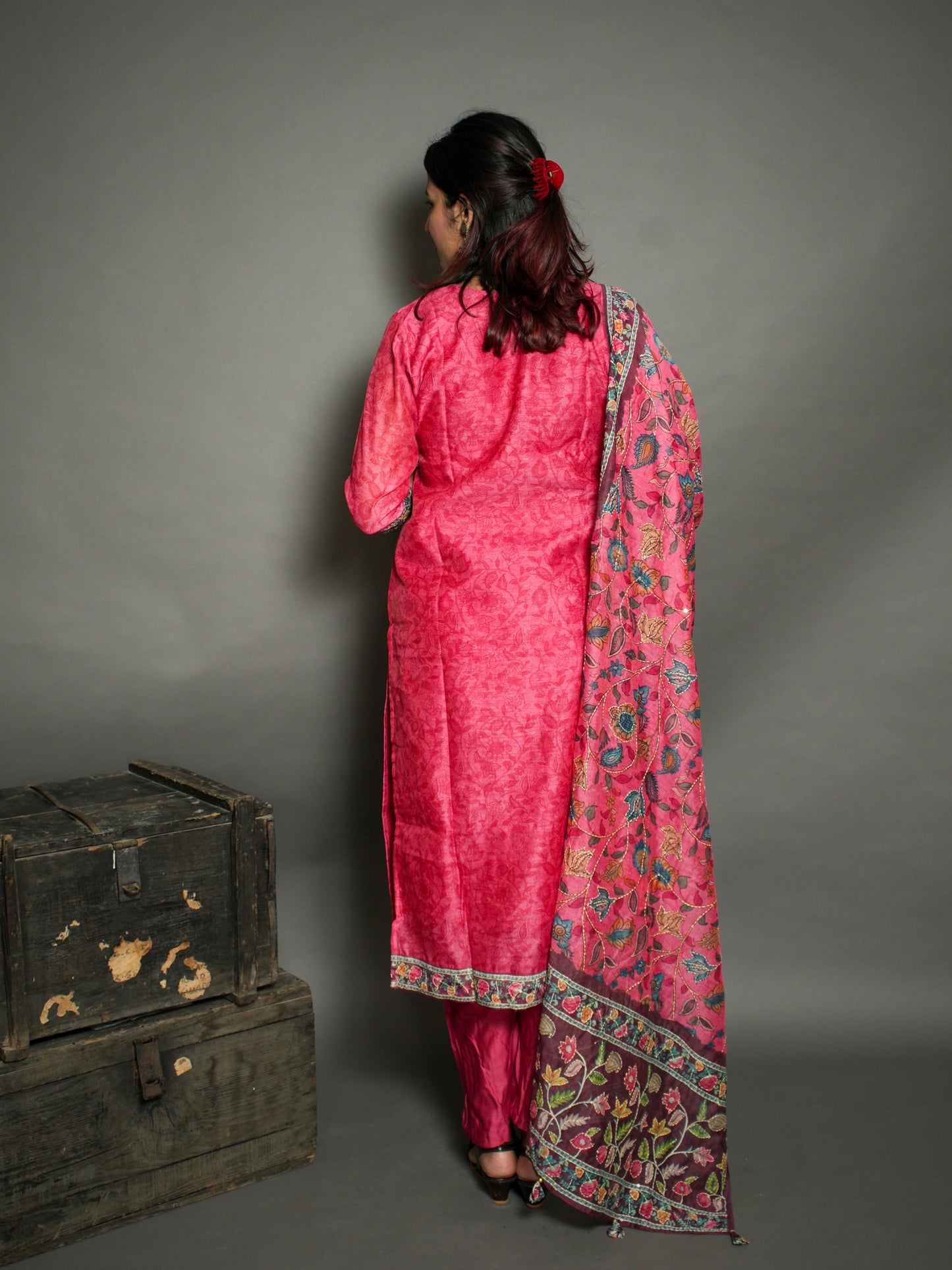 Katha print traditional suit set with kalamkari dupatta