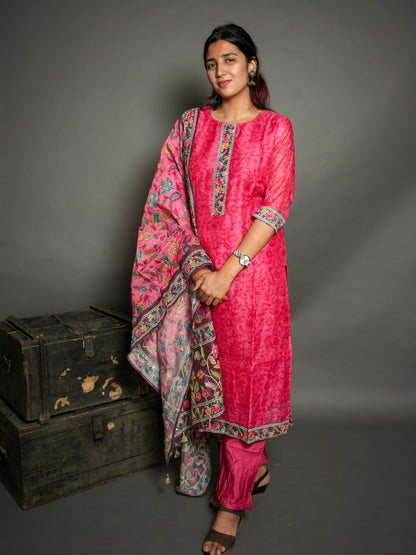 Katha print traditional suit set with kalamkari dupatta