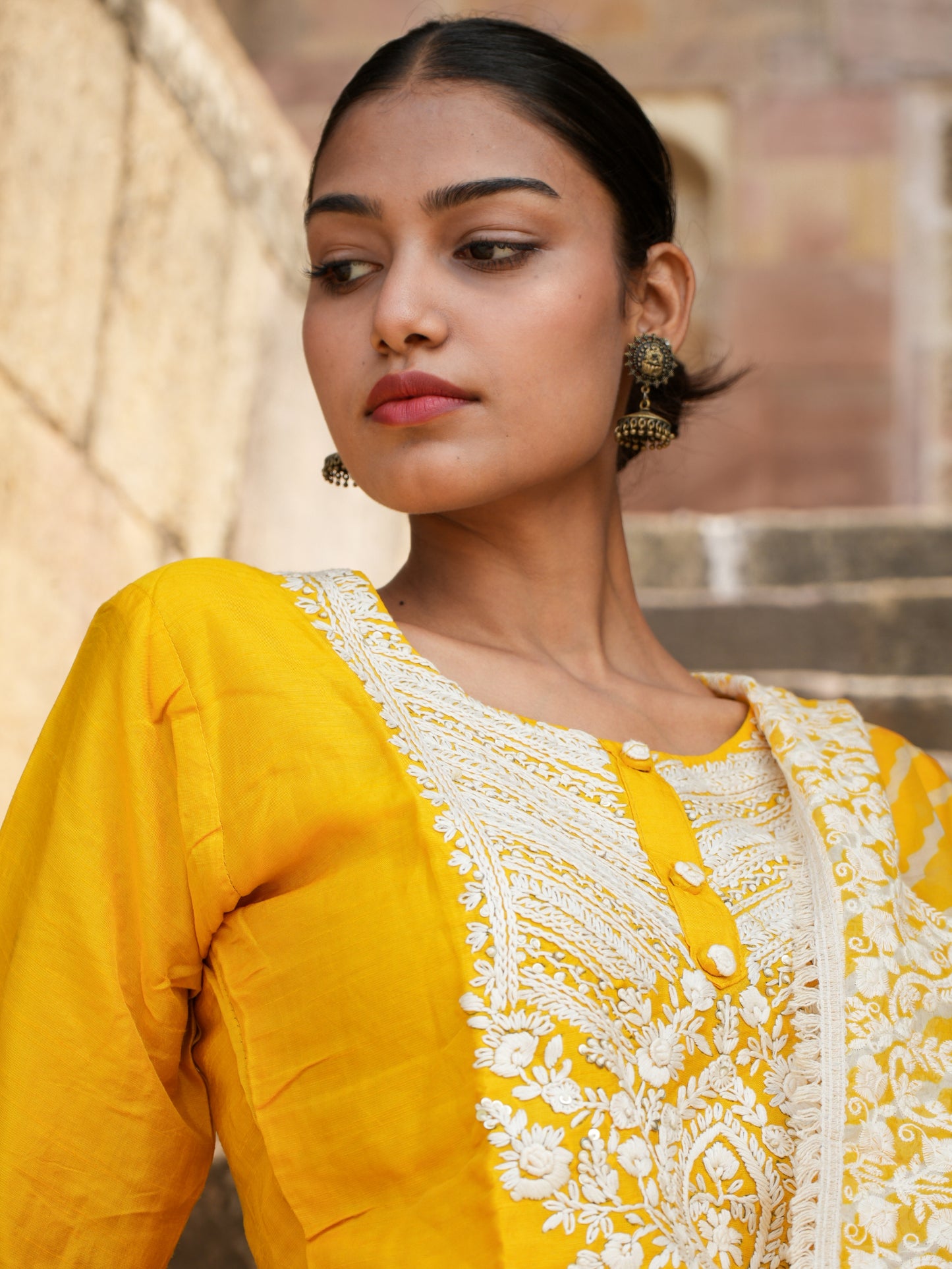 Yellow French knot suit set with beautiful threadwork