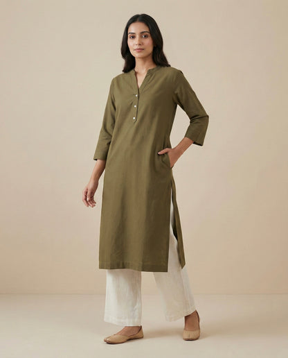 Olive Green Linen Long Kurta