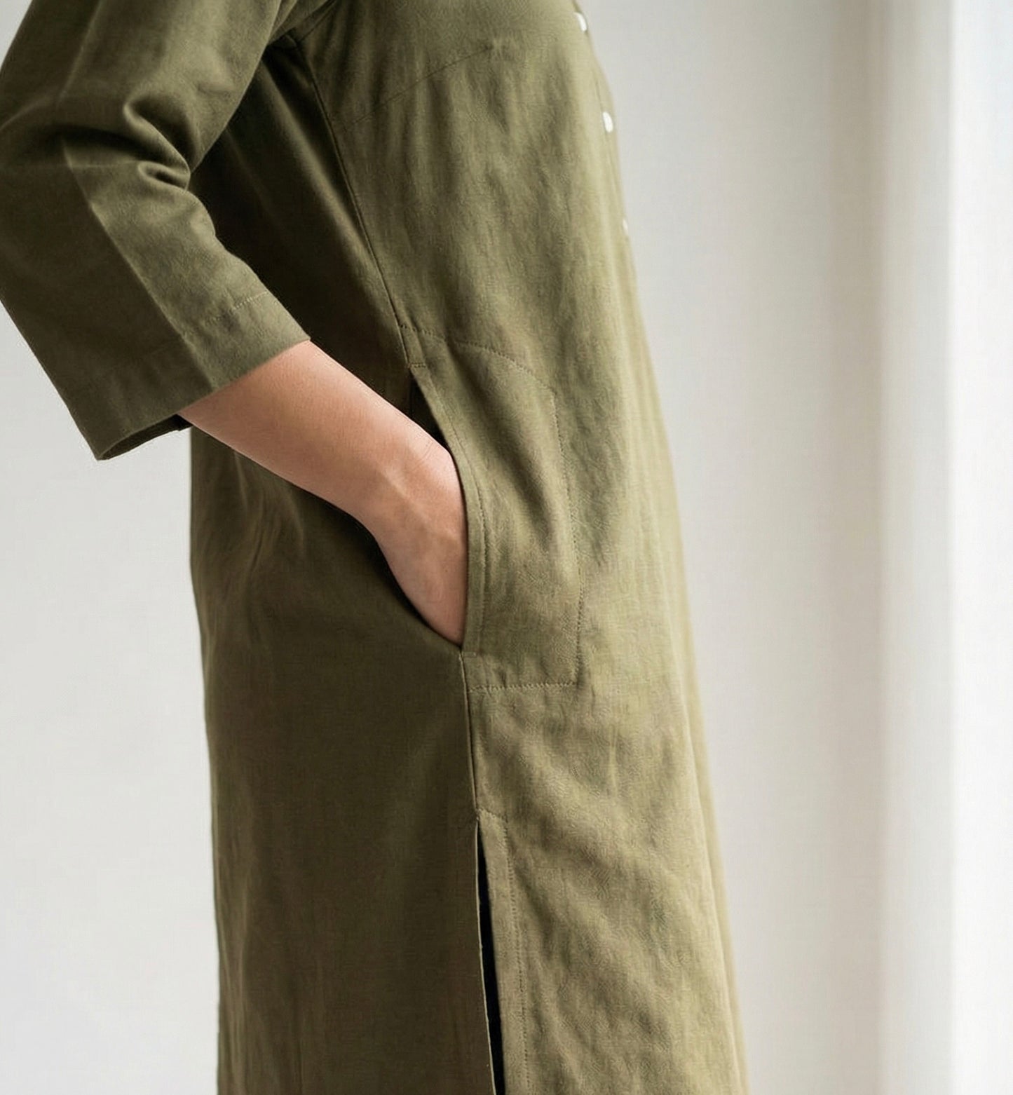 Olive Green Linen Long Kurta