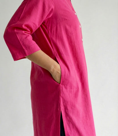 Hot Pink Linen Long Kurta