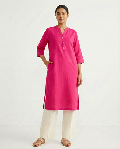 Hot Pink Linen Long Kurta