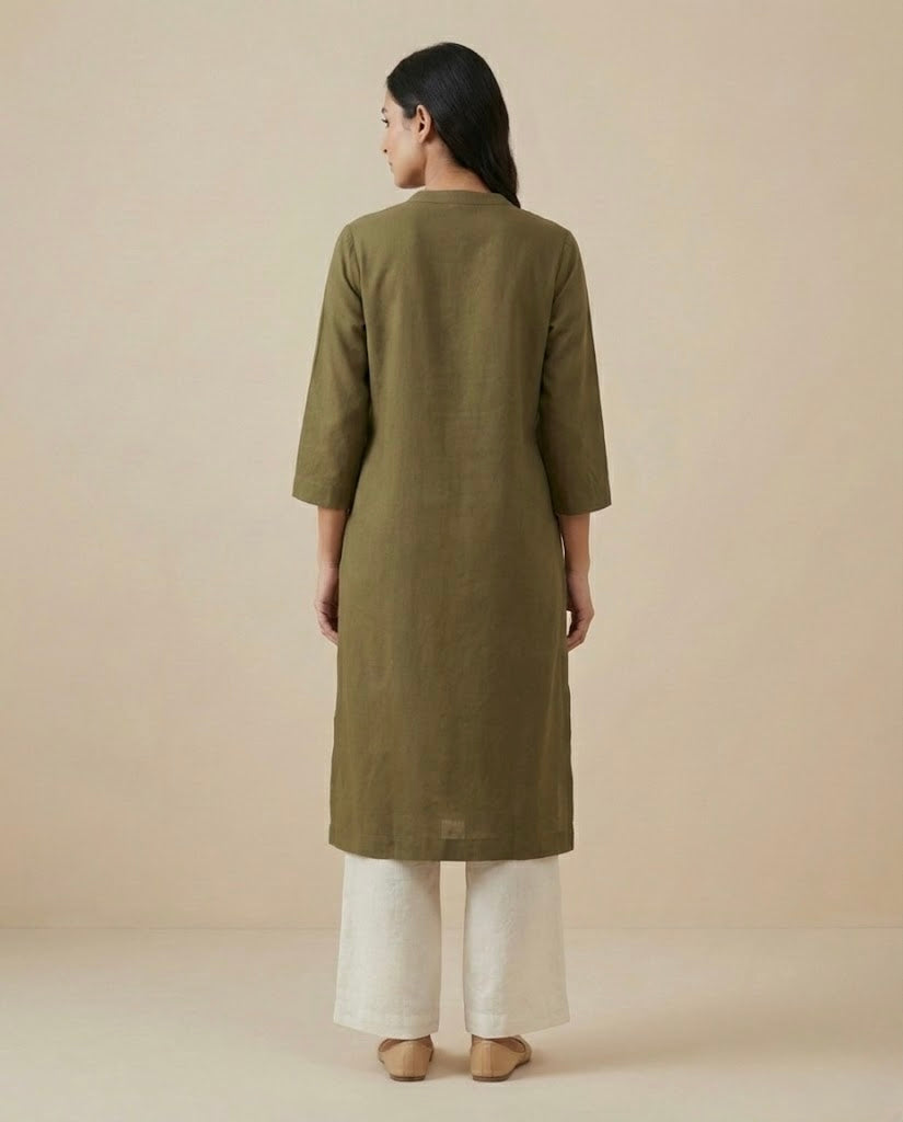 Olive Green Linen Long Kurta